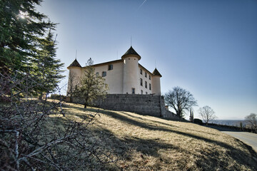 Fototapeta premium Castle in Aiguines village (Gorges du Verdon) and Sainte-Croix lake in the Provence-Alpes-Côte d'Azur region, France
