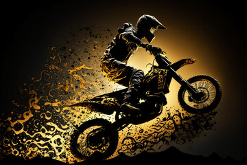 freestyle motocross man with golden silhouette, ai