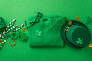 St Patrick's Day concept. Top view photo of green clothing pullover irish party glasses leprechaun cap suspenders bow-tie giftbox horseshoe gold coins and trefoils on isolated green background