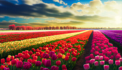 Colorful Tulip Fields in a Vast Open Landscape.   A Panoramic View of Blooming Meadows. Generative AI