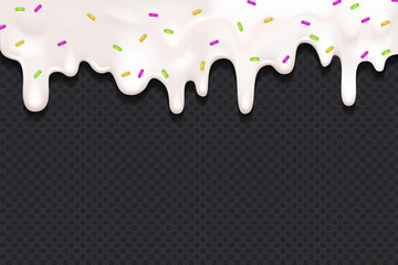 Realistic drip cream drops melt drops with sprinkles. Melted white sweet liquid splashes, glossy cream border with dripping droplets. Seamless pattern. 3d realistic vector