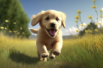 Cute Cartoon Golden Retriever Puppy Running through a Meadow (Created with Generative AI)