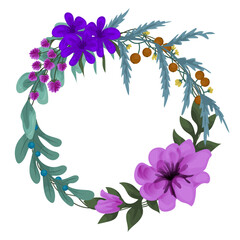 Wreath of wild flowers. Cute wreath with green branches and leaves, ranunculus. Wild herbs round frame