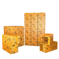 3d design of cargo containers for storage transportation illustration lot orange colored scratched cargos with open and closed doors