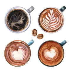 Watercolor illustration of a Cappuccino coffee cup top view, isolated on a white background.