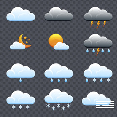 Weather icons. Realistic weather icons set isolated on transparent background. Forecast weather flat symbols.