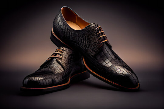 Men's black crocodile leather shoes.  Male black shoes.  Generative AI.