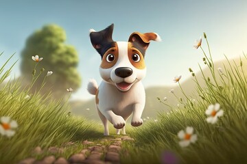 Cute Cartoon Jack Russell Terrier Dog Running through a Meadow (Created with Generative AI)