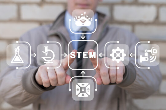 Man using virtual touchscreen presses abbreviation: STEM. STEM - Science, Technology, Engineering and Mathematics infographic of education. Science education concept.