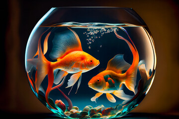 Plakat Beautiful fish in round glass aquarium. Fish Swimming In Fishbowl. Generative AI.