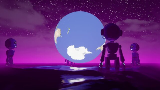  camera rotation animation with earth globe and four robots standing arround. A.i. take care about us or it is destroying earth