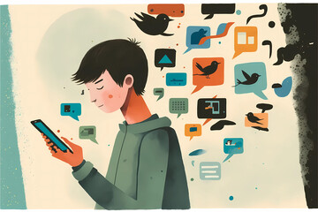 Boy chatting on social media, illustration,  - obrazy, fototapety, plakaty
