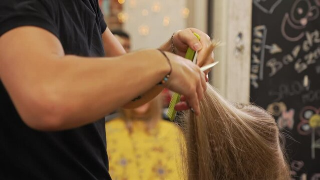 Blonde female client having her hair cut by male hairdresser in the professional hair salon. Blurred background. High quality 4k footage
