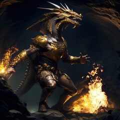 Fantasy Humanoid Dragon Wearing Armor Standing in a Firey Cave Anthropomorphic Generative AI Illustration