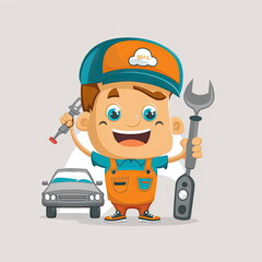 mechanic repairing car, cartoon character, holding a repair tool, car service, vector illustration, Made by AI,Artificial intelligence