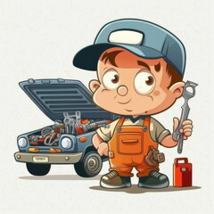 Obraz na płótnie Canvas mechanic repairing car, cartoon character, holding a repair tool, car service, vector illustration, Made by AI,Artificial intelligence
