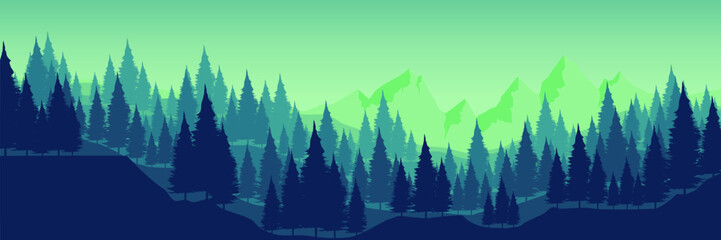 Fototapeta premium misty outdoor mountain landscape with tree silhouette flat design vector illustration good for wallpaper, background, backdrop, banner, and design template 