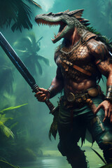 Scaled Warrior with a Crocodile Head Wearing Fantasy Leather in a Tropical Forest Anthropomorphic Generative AI Illustration