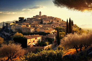 Sunset on an imaginary village resembling Saint-Paul de Vence - generative ai