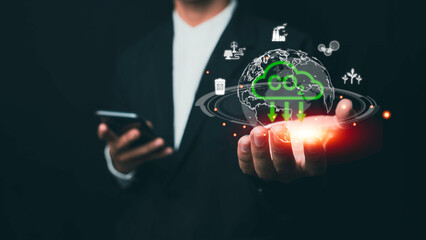 Metaverse users are thinking about reducing carbon emissions. Carbon Footprint Reduction Reduce CO2 Emissions target symbol on green background on virtual global internet.