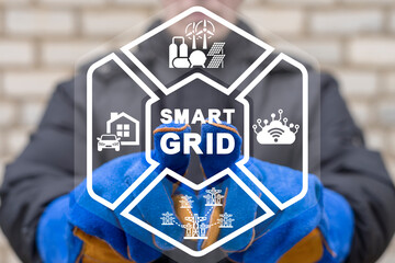 Industry engineer or worker using virtual touchscreen presses inscription: SMART GRID. Concept of smart grid. Industrial and smart city network. Renewable Energy and Smart Grid Technology.