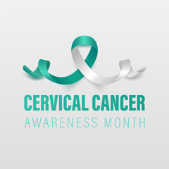 Cervical Cancer Banner, Card, Placard with Vector 3d Realistic Teal and White Ribbon on White Background. Cervical Cancer Awareness Month Symbol Closeup. World Cervical Cancer Day Concept