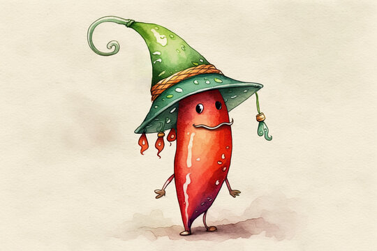 Cute little red and green chili pepper smiling eyes anthropomorphism watercolor, Generative AI