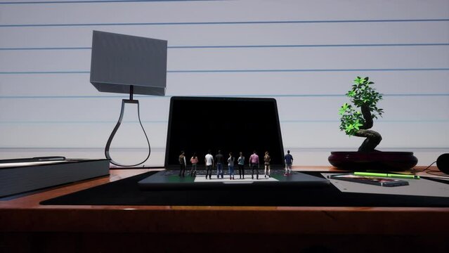 Tiny Crowd And Work Place With Transparent Laptop Screen