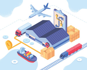 Isometric logistic concept. Ship, truck, train and plane going to warehouse with containers. Transportation of goods and home delivery, online shopping. Map with route. Cartoon 3D vector illustration