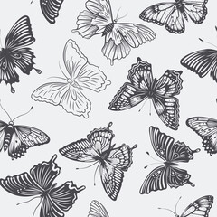 Vector Seamless Pattern with Hand Drawn Black Butterflies on White Background. Butterflies Collection, Vintage Vector Design Elements of Butterfly Silhouettes