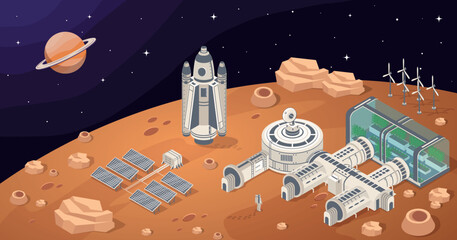Colony on planet Mars. Space expedition, science and development, travel and adventure. Station with alternative energy. Colonization, Biological terraforming. Cartoon isometric vector illustration © 100% HAND-CRAFTED