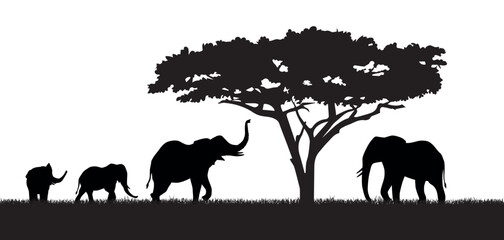 Silhouette of elephants and tree. African savannah and animals in jungle near tree. Minimalistic creativity and art. Parents and children, wild life and fauna. Cartoon flat vector illustration