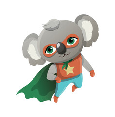 Superhero koala concept. Tropical and exotic animal wearing mask and raincoat. Mysticism, imagination and fantasy. Sticker for social networks and messengers. Cartoon flat vector illustration