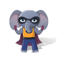 Superhero elephant concept. Large gray animal with big trunk and ears in raincoat and gloves. Superpower and power, imagination, dream and fantasy, fairy tale. Cartoon flat vector illustration