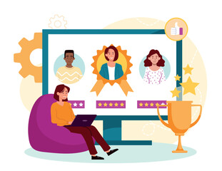 Best employee concept. Woman with laptop evaluates candidates for vacancy, ranking and rating. HR manager, recruitment and staff expansion. Trophy and award. Cartoon flat vector illustration