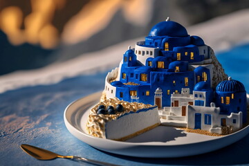 Delicious and Tasty Greece Cake Art, that is Yummy Appetizing Food Photography Art, and Greek Architecture Landscape Food, generative AI - obrazy, fototapety, plakaty
