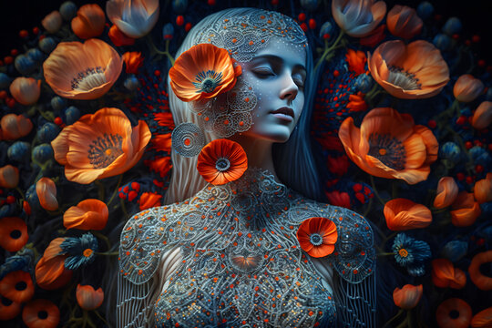 A fantasy portrait of ancient Roman goddess Venus with red poppies. Neural network AI generated art
