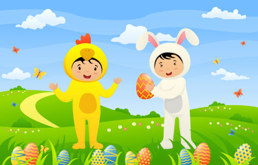 Happy Easter greeting card. Cute kids are wearing Easter costumes.