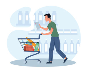 Food shopping concept. Man in supermarket with trolley of groceries and shopping list. Routine and household chores, buyer chooses products in grocery store. Cartoon flat vector illustration