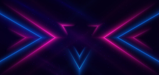 Abstract technology futuristic neon triangle glowing blue and pink light lines with dust galaxy on dark blue background.