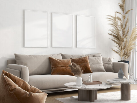 3 white Frames Mockup in Boho style Living Room, Gallery Wall Mockup, set of 3 frames