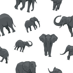 Seamless pattern with elephants. Repeating design element for printing on fabric. Large grey animals with ears and trunk. Tropic and exotic, African Savannah. Cartoon flat vector illustration