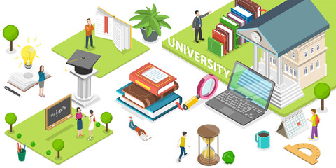 3D Isometric Flat  Conceptual Illustration of University Campus