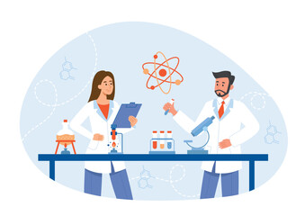 Scientists in laboratory. Man and woman with test tubes study structure of matter, molecules and atoms. Science experiment in lab, doctors develop medicines. Cartoon flat vector illustration