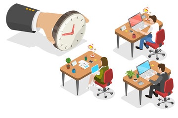 3D Isometric Flat Conceptual Illustration of Controlling Employee Hours