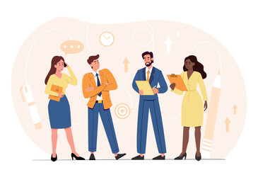 Business team ready for work. Men and women discussing project. Conference, meeting and brainstorming. Colleagues or partners, boss gives instructions to subordinates. Cartoon flat vector illustration - obrazy, fototapety, plakaty