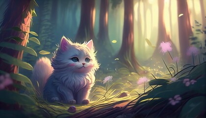 The "Kitten in the Woods" illustration depicts a cute and curious feline exploring a lush forest, surrounded by vibrant flora and fauna. This charming and heartwarming image captures the joy