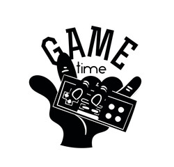 Game logo black. Hand with controller, joystick or gamepad. Entertainment and video games, virtual reality and cyberspace. Emblem and badge for company. Cartoon flat vector illustration