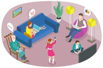3D Isometric Flat  Conceptual Illustration of Gadget Addicted Family