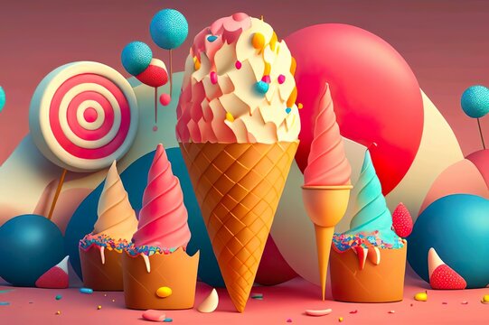 eine braune Eiswaffel mit 
Bunten Softeis gef&uuml;hlt mit S&uuml;ssigkeiten und Kirschen und Streusel best&uuml;ckt, ihn Party - Geburtstag stiel. Mit  Blau rosa Hintergrund, generative AI, Hintergrund Bild